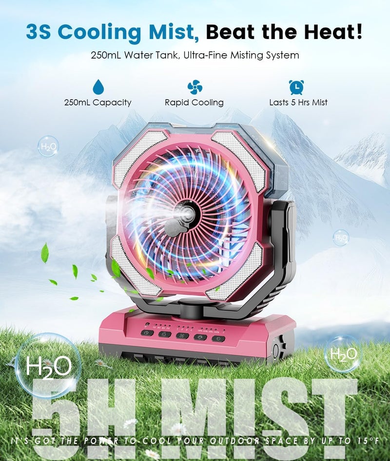 Aopircs Misting Fan - Pink Portable Rechargeable Fan with 9oz Water Tank, Light, Hook - Versatile, 120H MAX Cooling, Last 5H Mist, 4 Speed, Sleep Mode - Outdoor Fans for Camping, Travel, Patios - Image 2